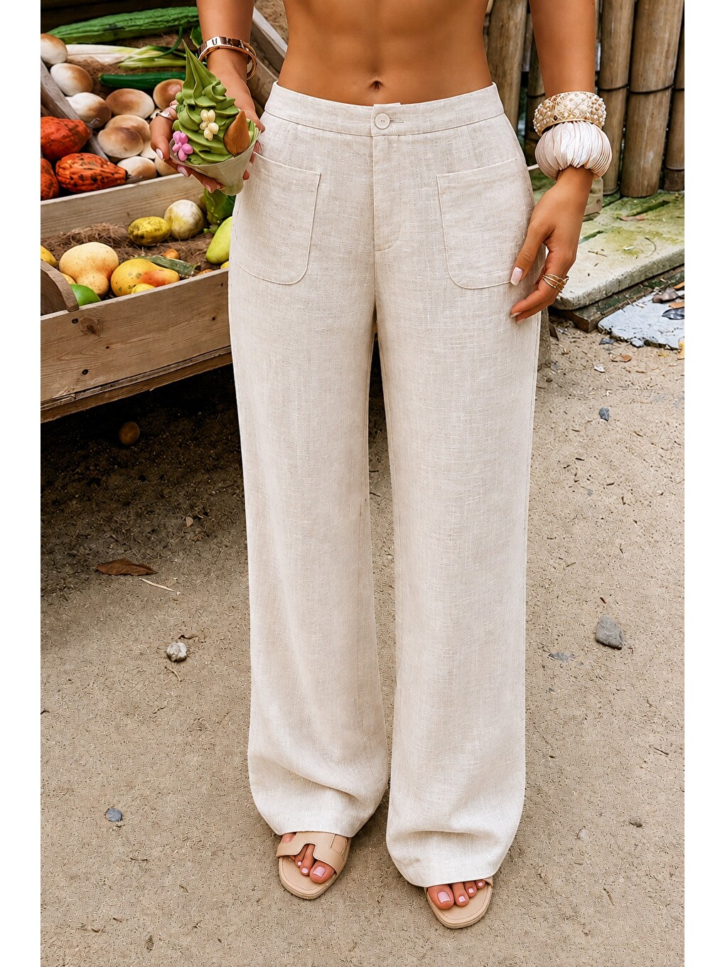 Bej Kadın Wide Leg Pantolon Ön Cep Detaylı Rahat Kalıp Günlük Pantolon-2