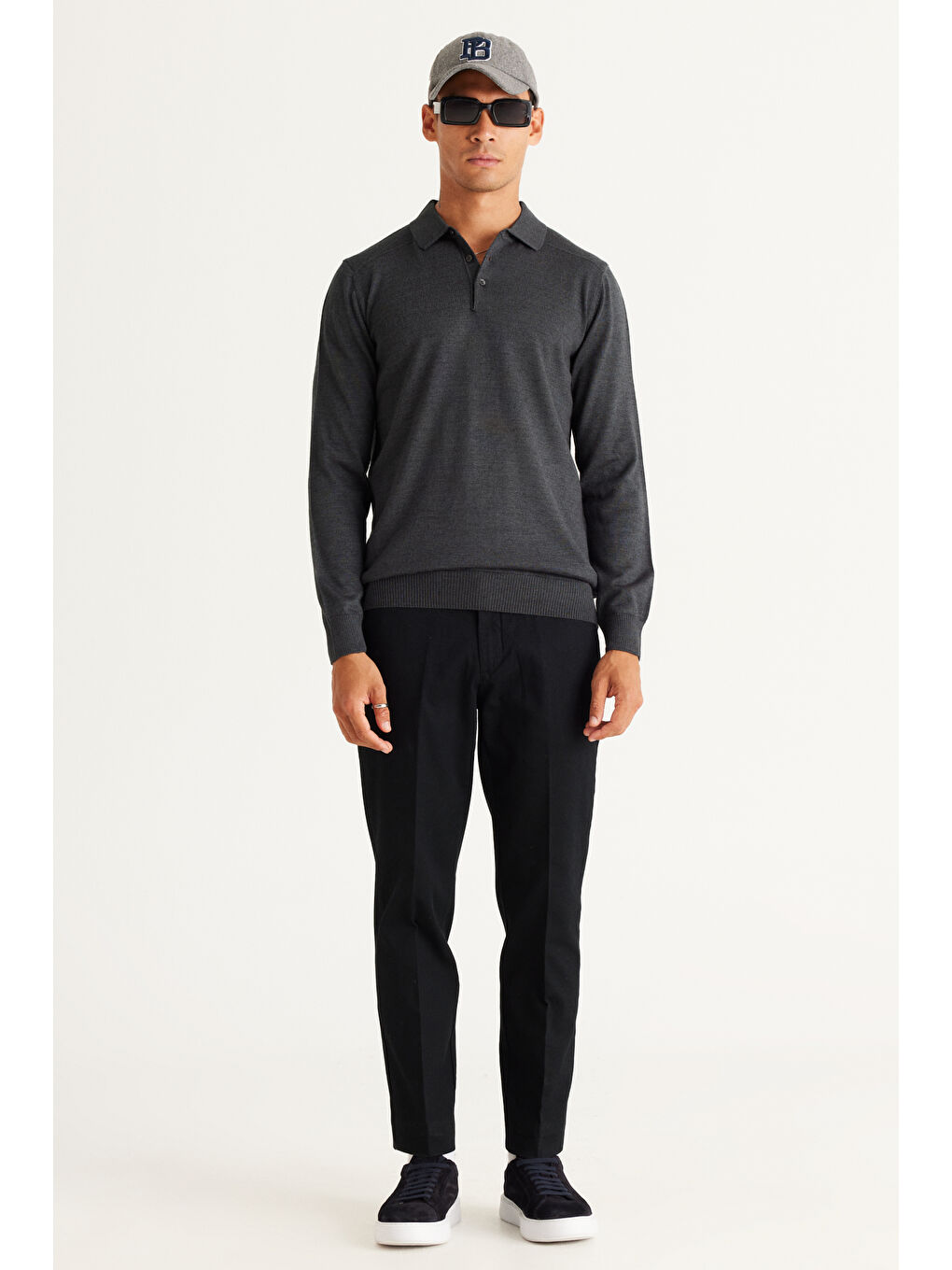 Erkek Antrasit-Melanj Standart Fit Normal Kesim Polo Yaka Triko Kazak-1