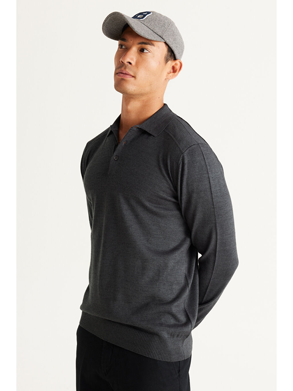 Erkek Antrasit-Melanj Standart Fit Normal Kesim Polo Yaka Triko Kazak-2