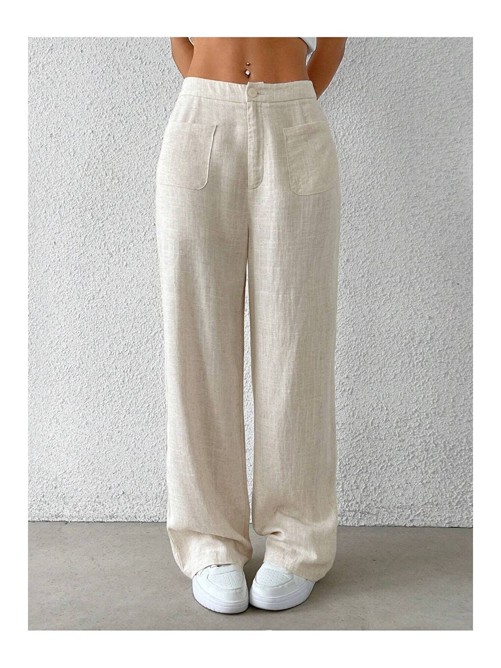 Bej Kadın Wide Leg Pantolon Ön Cep Detaylı Rahat Kalıp Günlük Pantolon-4