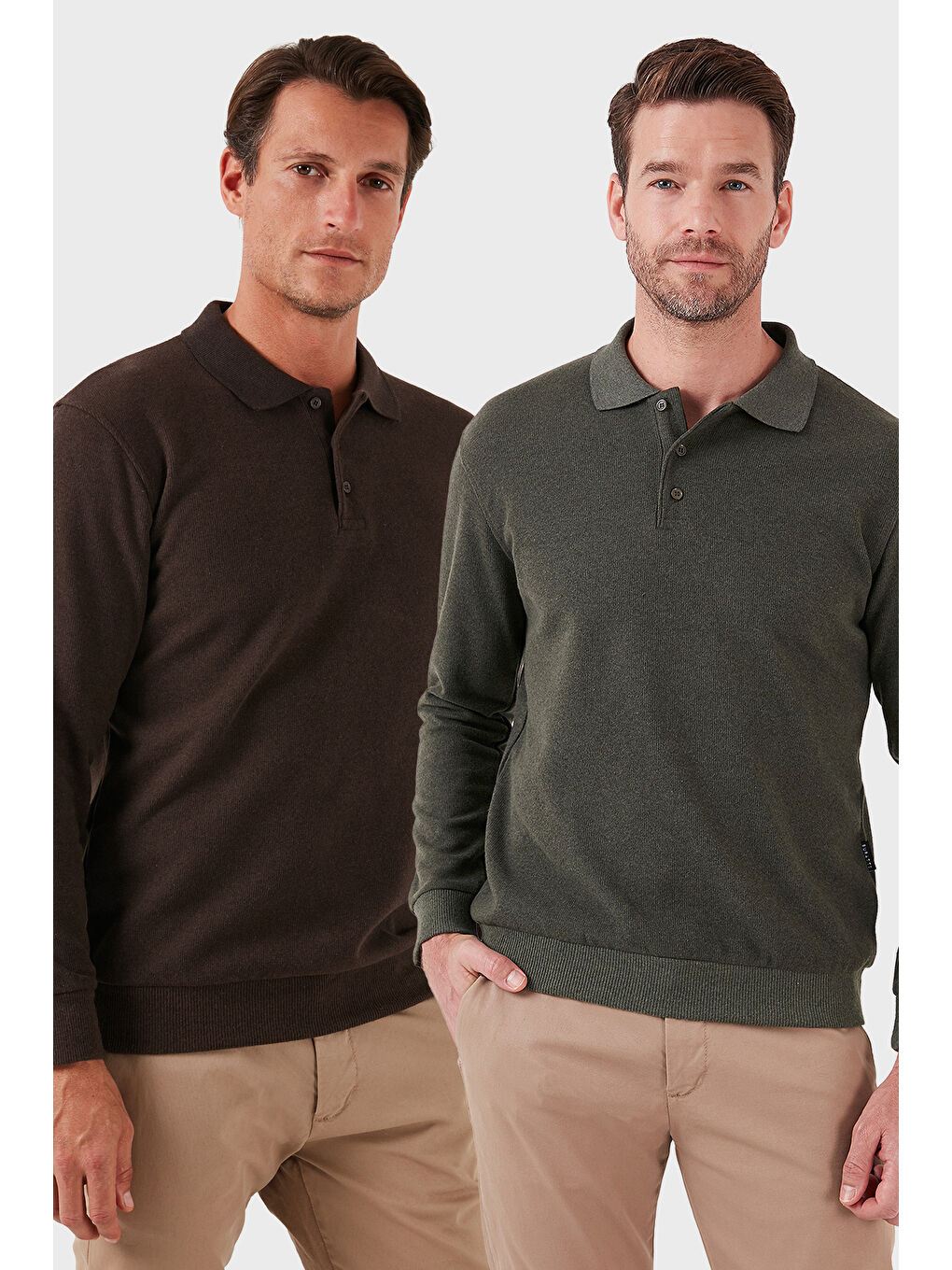 Haki Pamuk Karışımlı Regular Fit 2'li Paket Polo Yaka Büyük Beden Kazak 456223S2