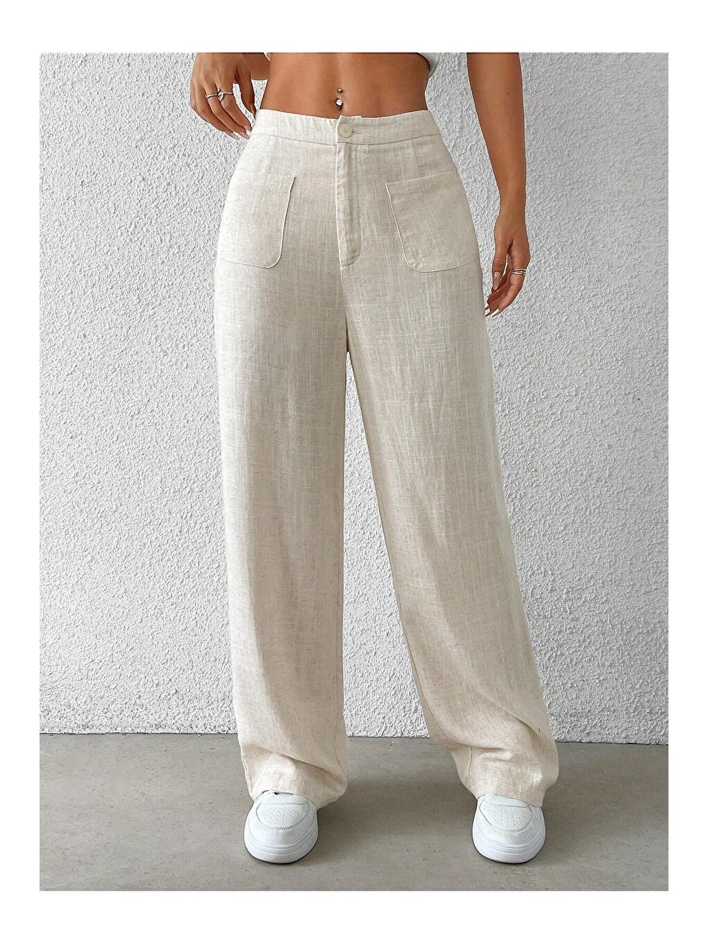 Bej Kadın Wide Leg Pantolon Ön Cep Detaylı Rahat Kalıp Günlük Pantolon-5