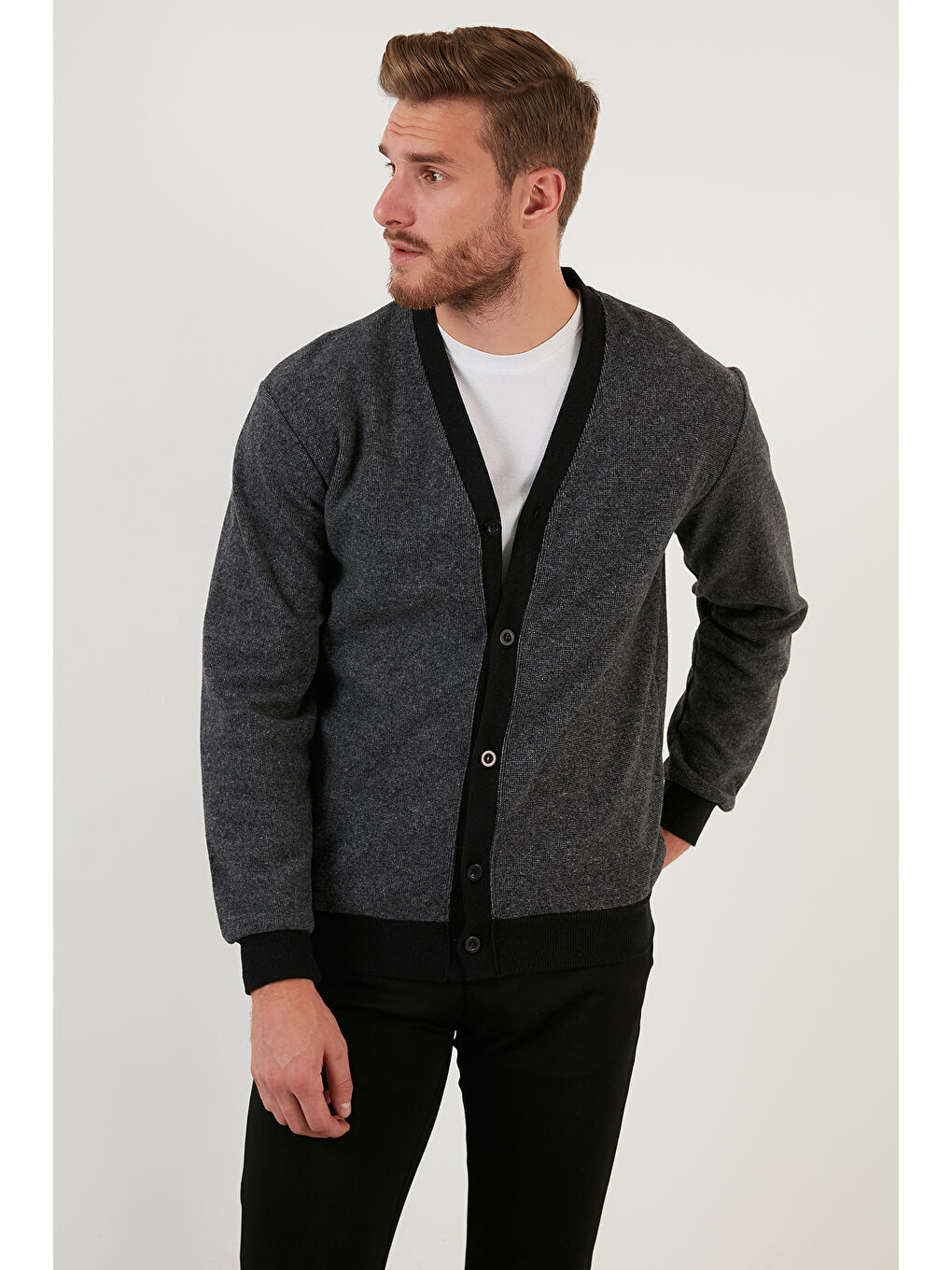 Gri Pamuklu Regular Fit Düğmeli V Yaka 2'li Paket Hırka 456205S2-2