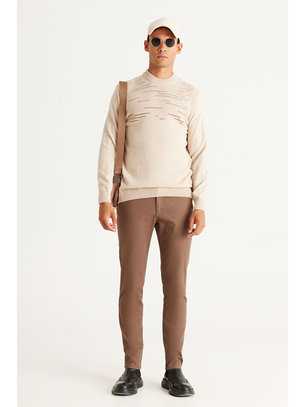 Erkek Bej-Kiremit Standart Fit Normal Kesim Yarım Balıkçı Yaka Triko Kazak-1