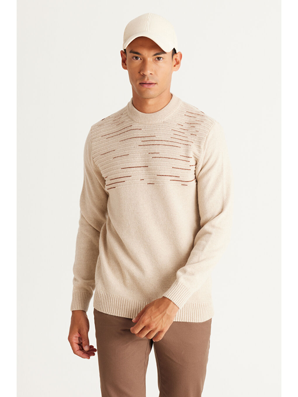 Erkek Bej-Kiremit Standart Fit Normal Kesim Yarım Balıkçı Yaka Triko Kazak-2