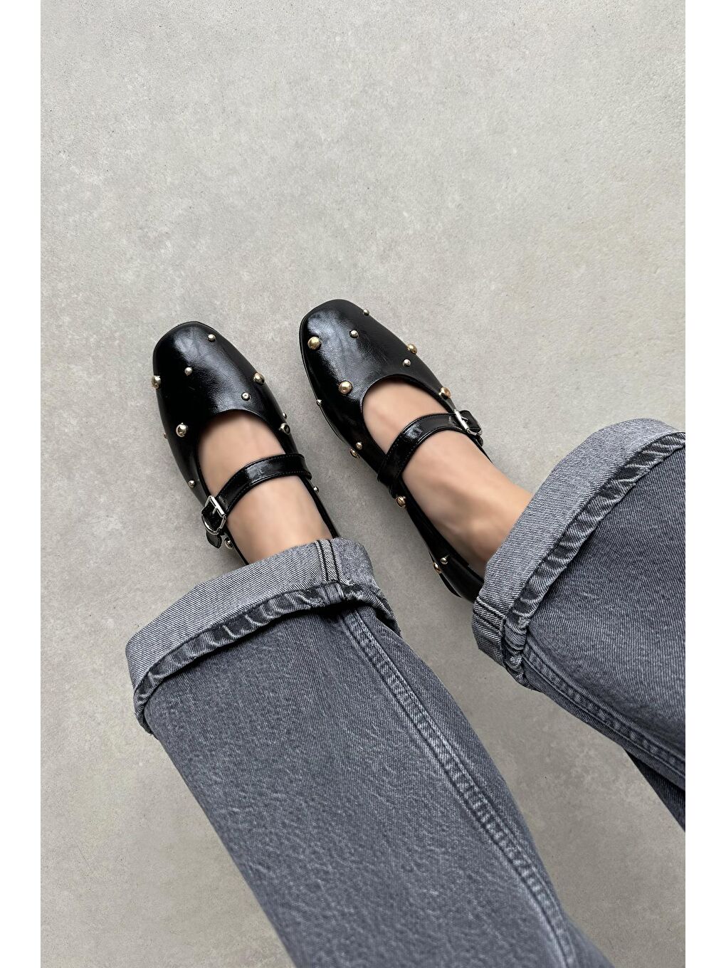 Daphne Kadın Drop Detay Kırışık Deri Babet Siyah-2