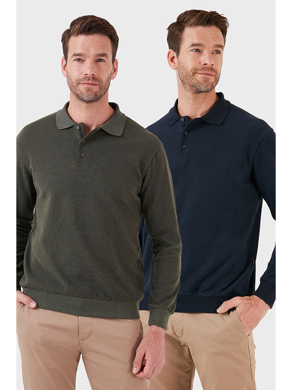 Haki Pamuk Karışımlı Regular Fit 2'li Paket Polo Yaka Büyük Beden Kazak 456223S2