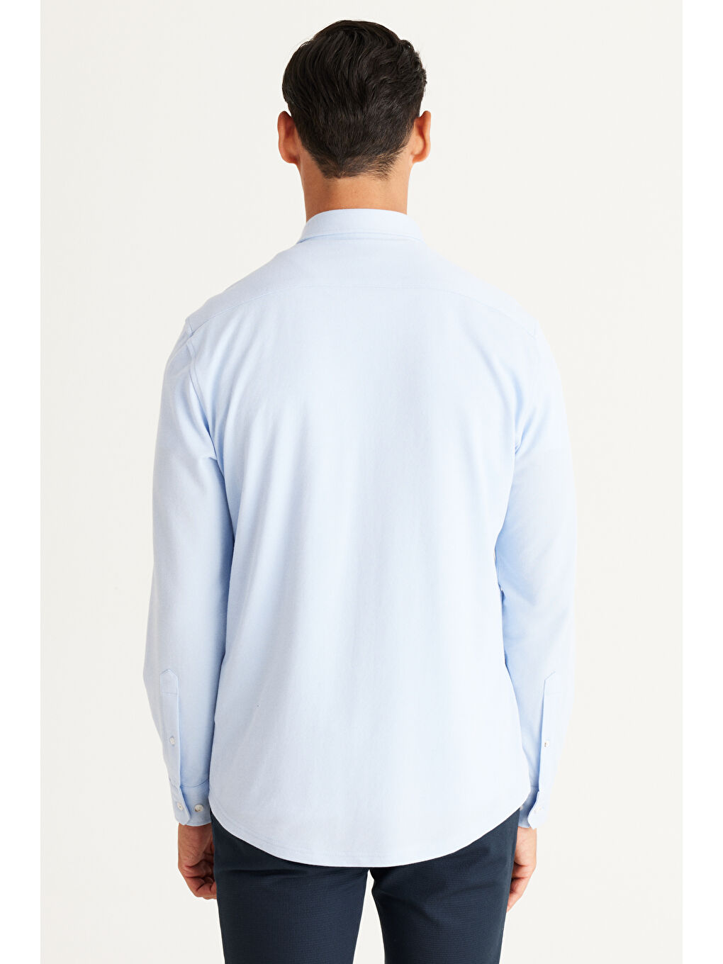 Erkek Açık Mavi Slim Fit Dar Kesim Düğmeli Yaka Pike Desenli Örme Gömlek-5