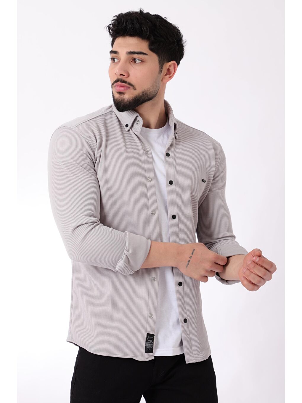 Stilkombin Gri Düz Slim Fit Örme Gömlek XC U16788_40297