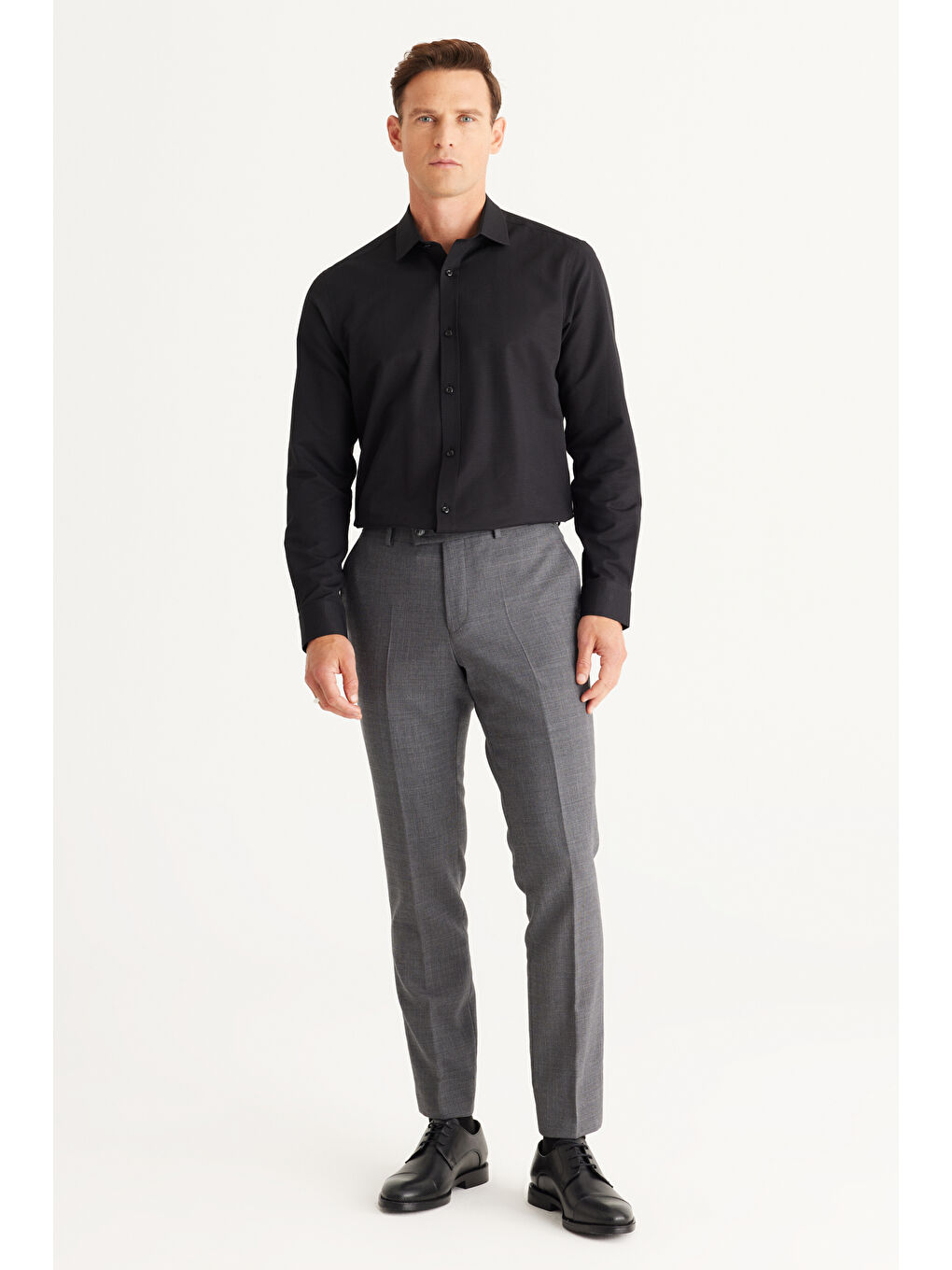 Erkek Siyah Slim Fit Dar Kesim Klasik Yaka Pamuklu Armürlü Gömlek-3