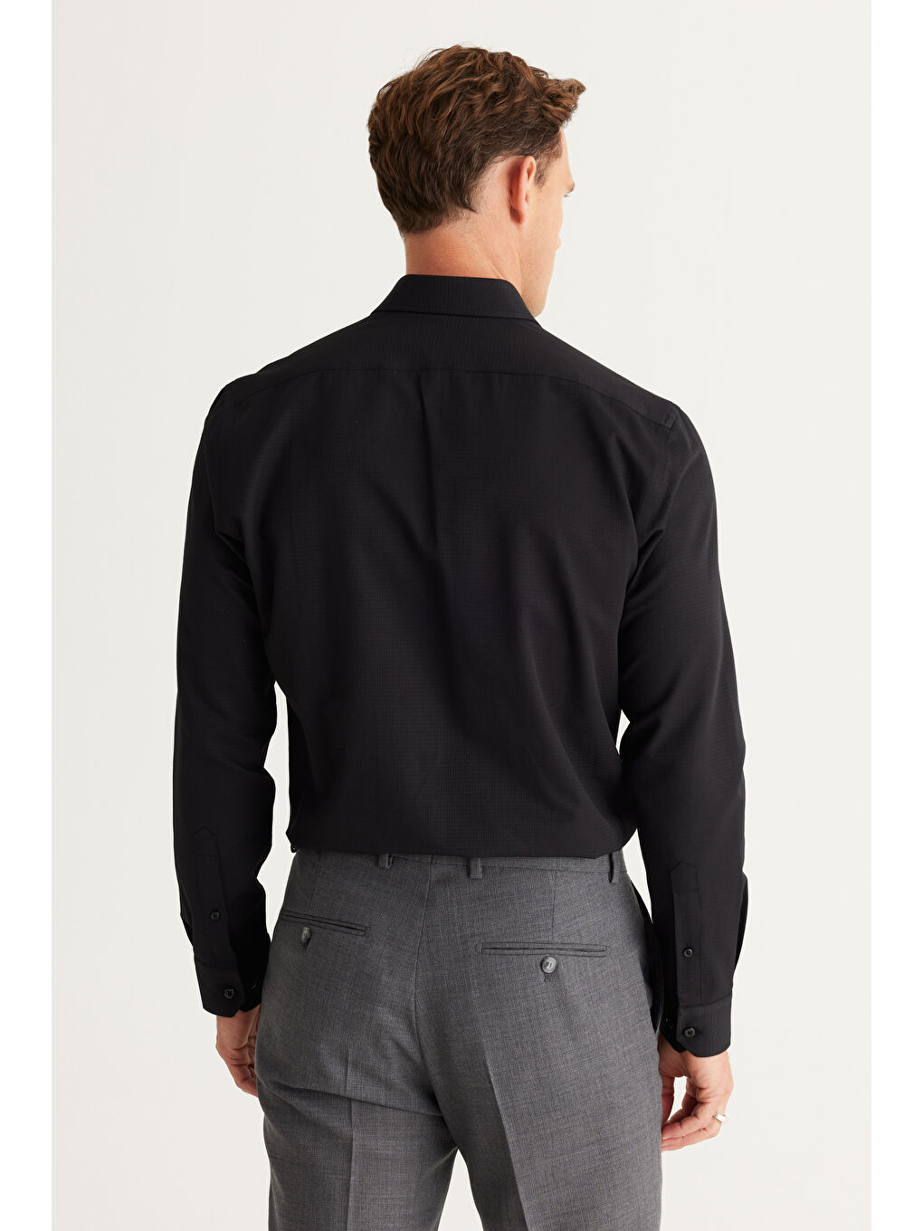 Erkek Siyah Slim Fit Dar Kesim Klasik Yaka Pamuklu Armürlü Gömlek-4