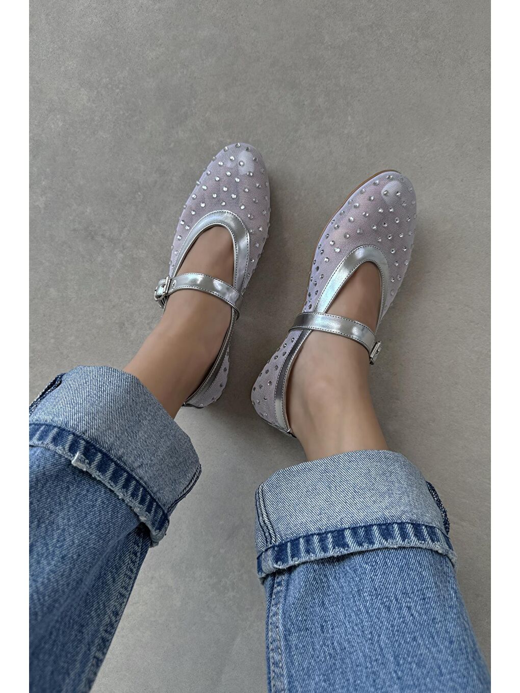 Gri Maxine Kadın File Detay Dantel Taş Babet Gümüş