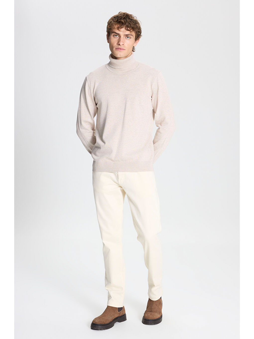 Erkek Bej Melanj Standart Fit Normal Kesim Tam Balıkçı Yaka Triko Kazak-1