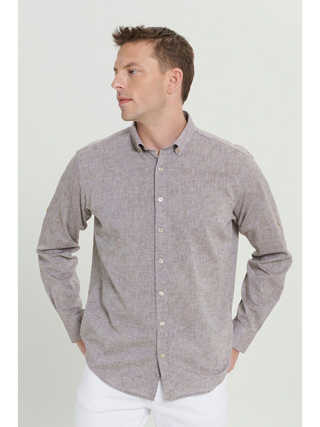 Erkek Kahverengi Comfort Fit Rahat Kesim Düğmeli Yaka Casual Keten Gömlek-4