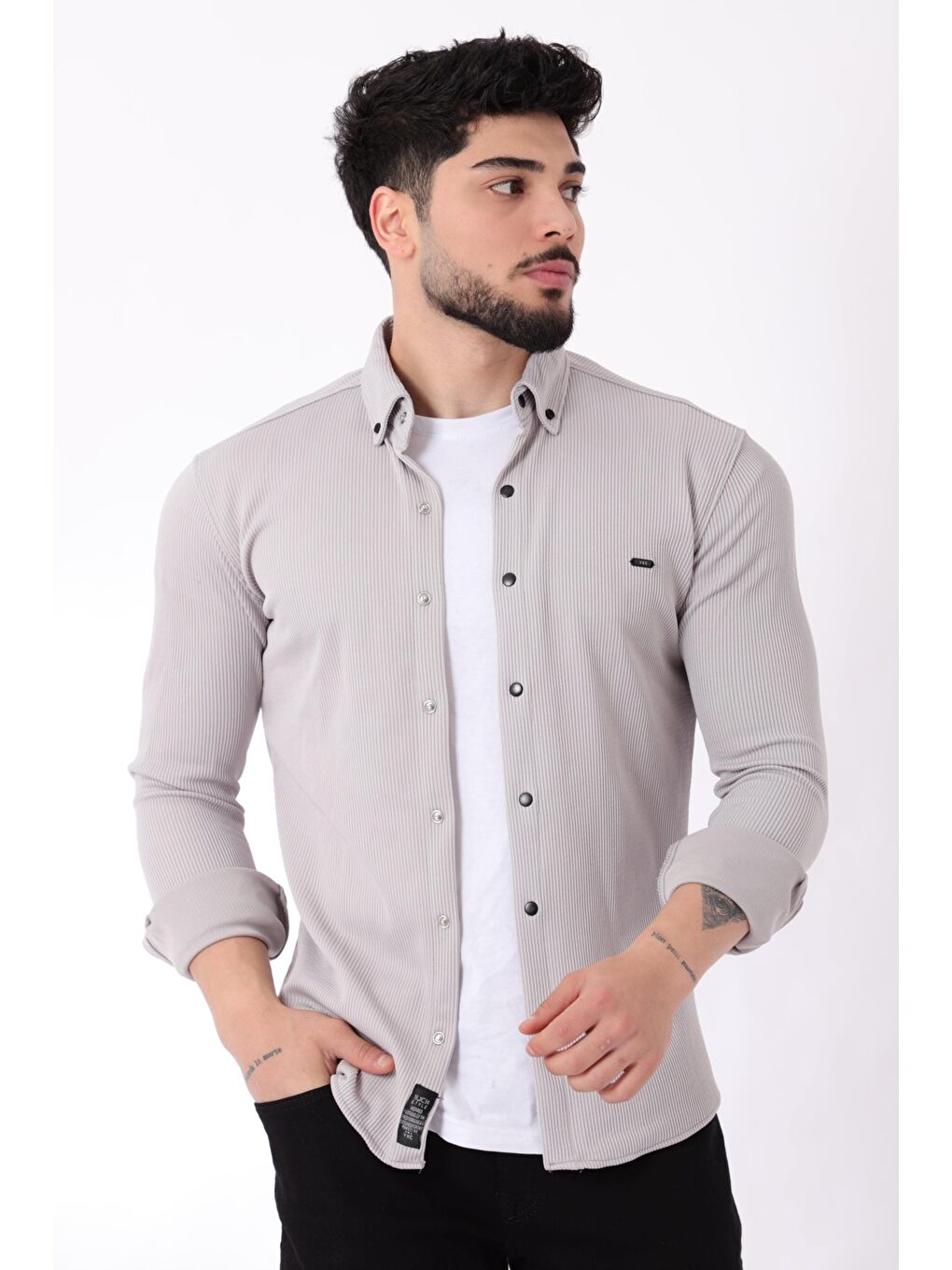 Stilkombin Gri Düz Slim Fit Örme Gömlek XC U16788_40297 - 1