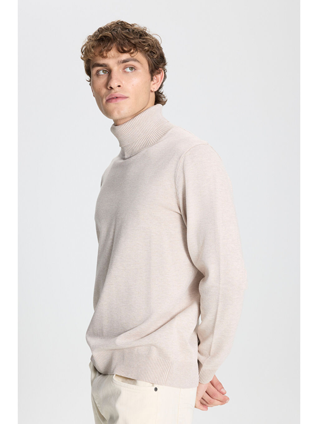 Erkek Bej Melanj Standart Fit Normal Kesim Tam Balıkçı Yaka Triko Kazak-2