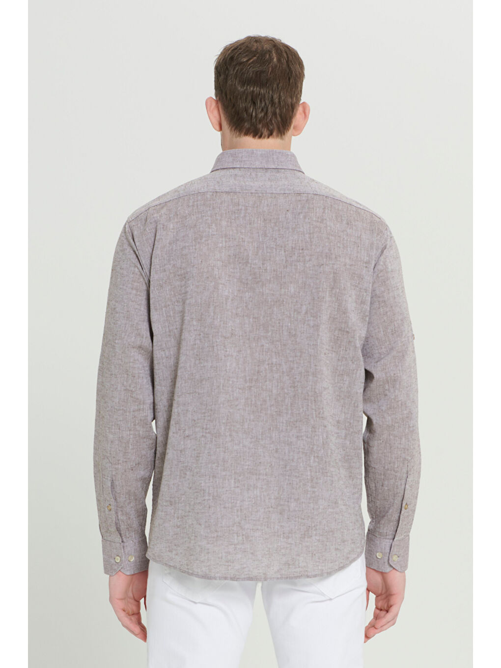 Erkek Kahverengi Comfort Fit Rahat Kesim Düğmeli Yaka Casual Keten Gömlek-5