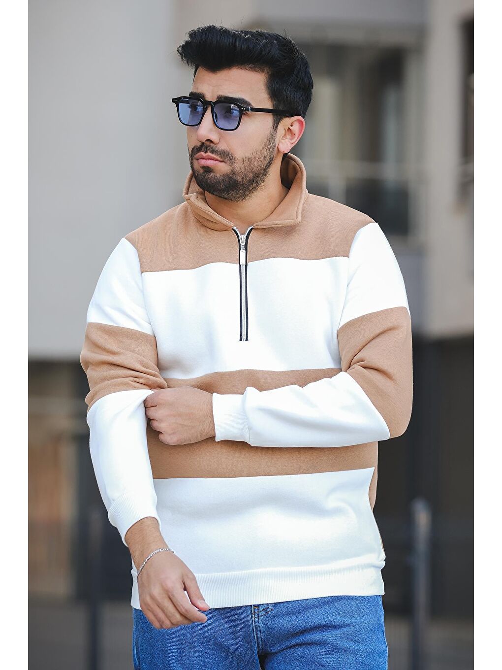 Kahverengi Üç İplik Şardonlu Parçalı  Dik Yaka Slim Fit Erkek Fermuarlı Sweatshirt