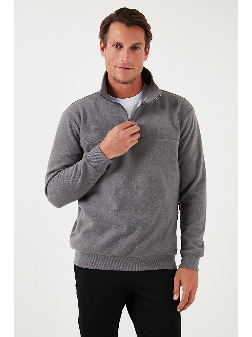 Gri Pamuklu Regular Fit Yarım Fermuarlı Dik Yaka 2'li Paket Kazak 456112S2-1