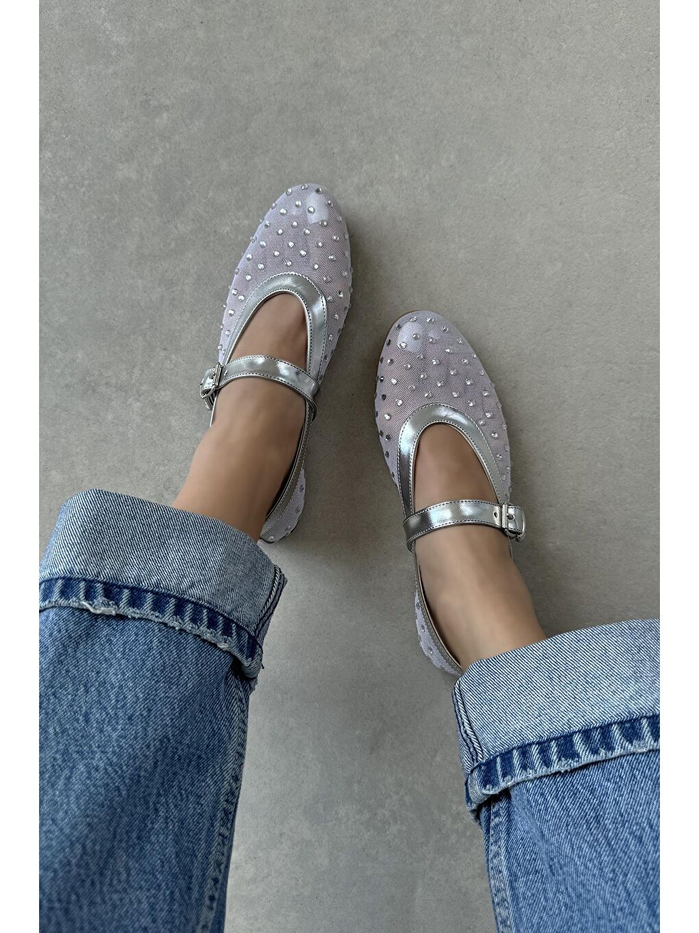 Gri Maxine Kadın File Detay Dantel Taş Babet Gümüş-1