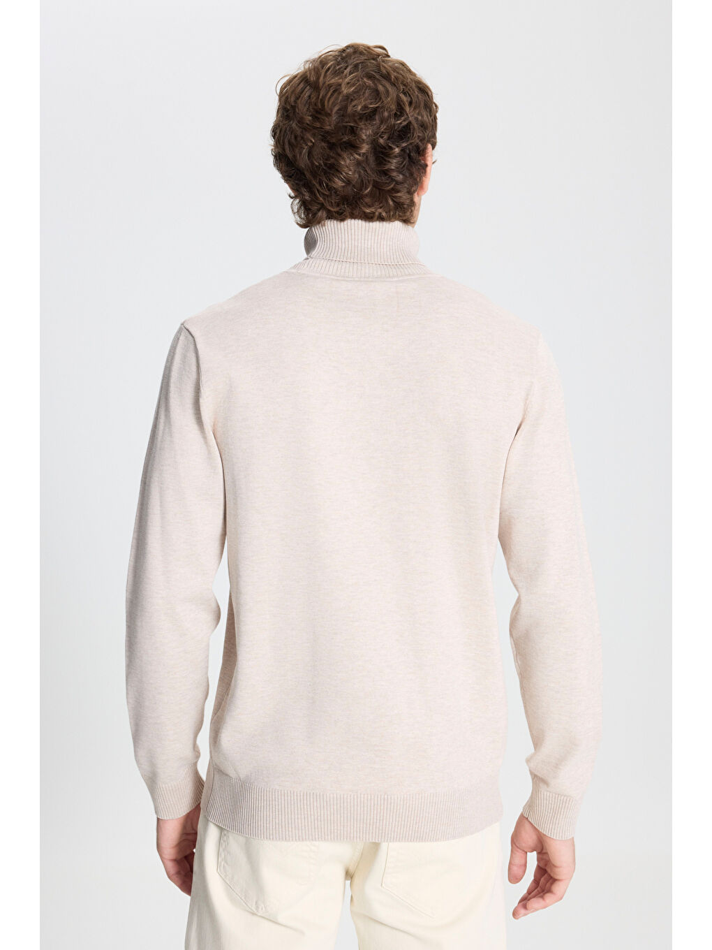 Erkek Bej Melanj Standart Fit Normal Kesim Tam Balıkçı Yaka Triko Kazak-4