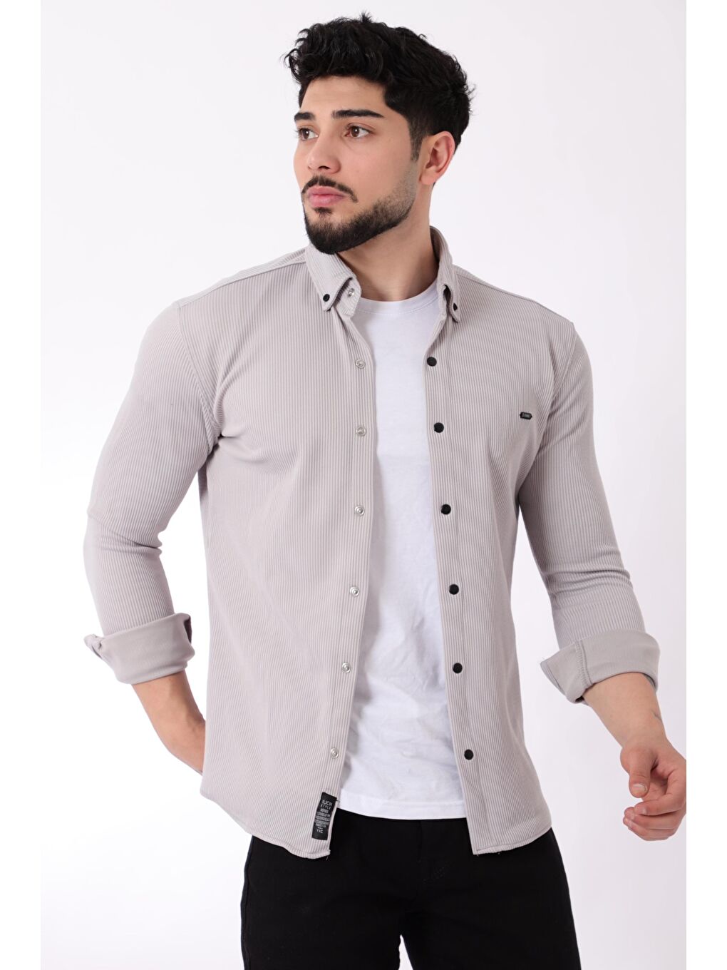 Stilkombin Gri Düz Slim Fit Örme Gömlek XC U16788_40297 - 2