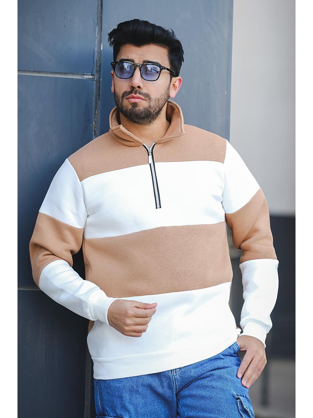 Kahverengi Üç İplik Şardonlu Parçalı  Dik Yaka Slim Fit Erkek Fermuarlı Sweatshirt-1