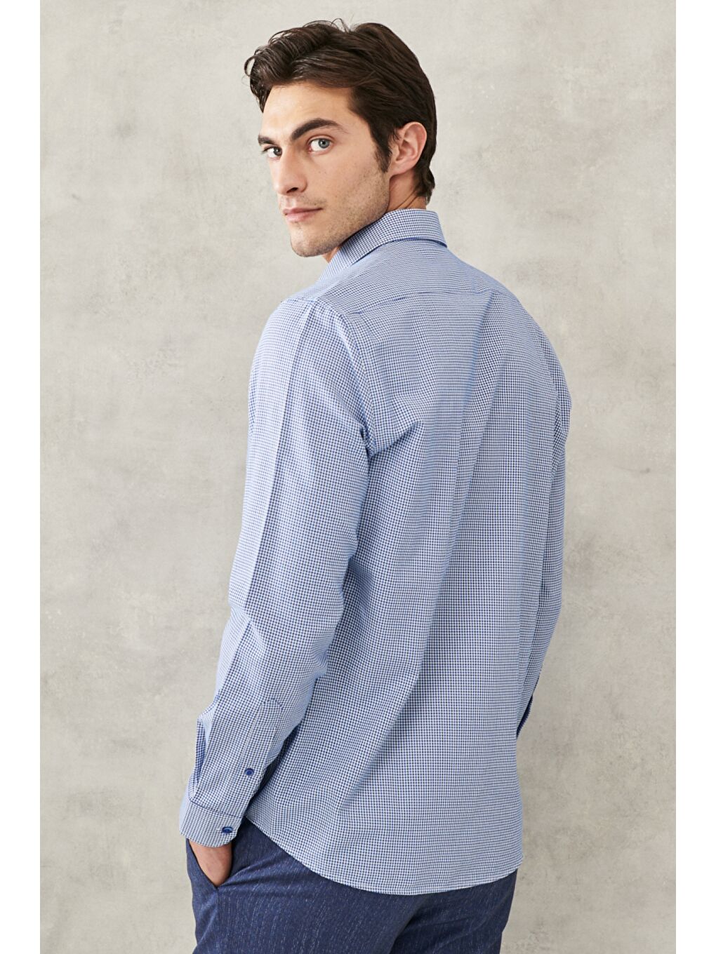 Erkek Beyaz-Lacivert Slim Fit Dar Kesim Klasik Yaka Armürlü Gömlek-6