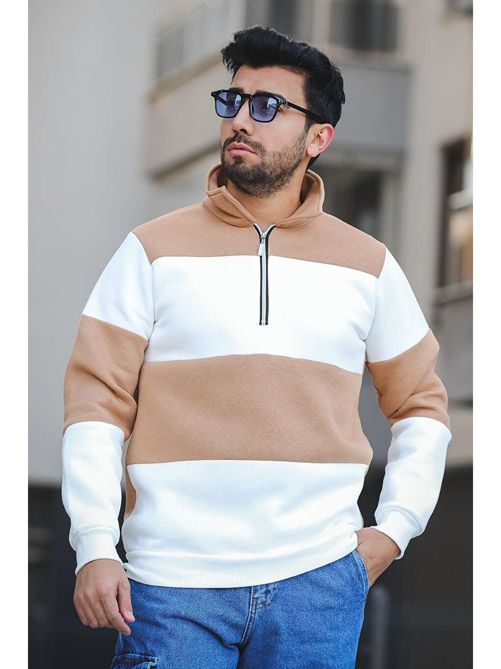 Kahverengi Üç İplik Şardonlu Parçalı  Dik Yaka Slim Fit Erkek Fermuarlı Sweatshirt-2