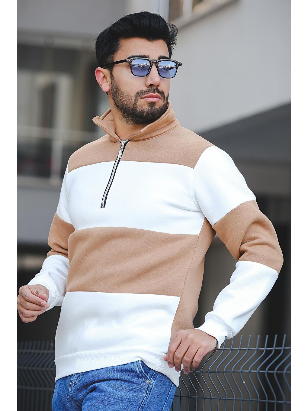 Kahverengi Üç İplik Şardonlu Parçalı  Dik Yaka Slim Fit Erkek Fermuarlı Sweatshirt-3