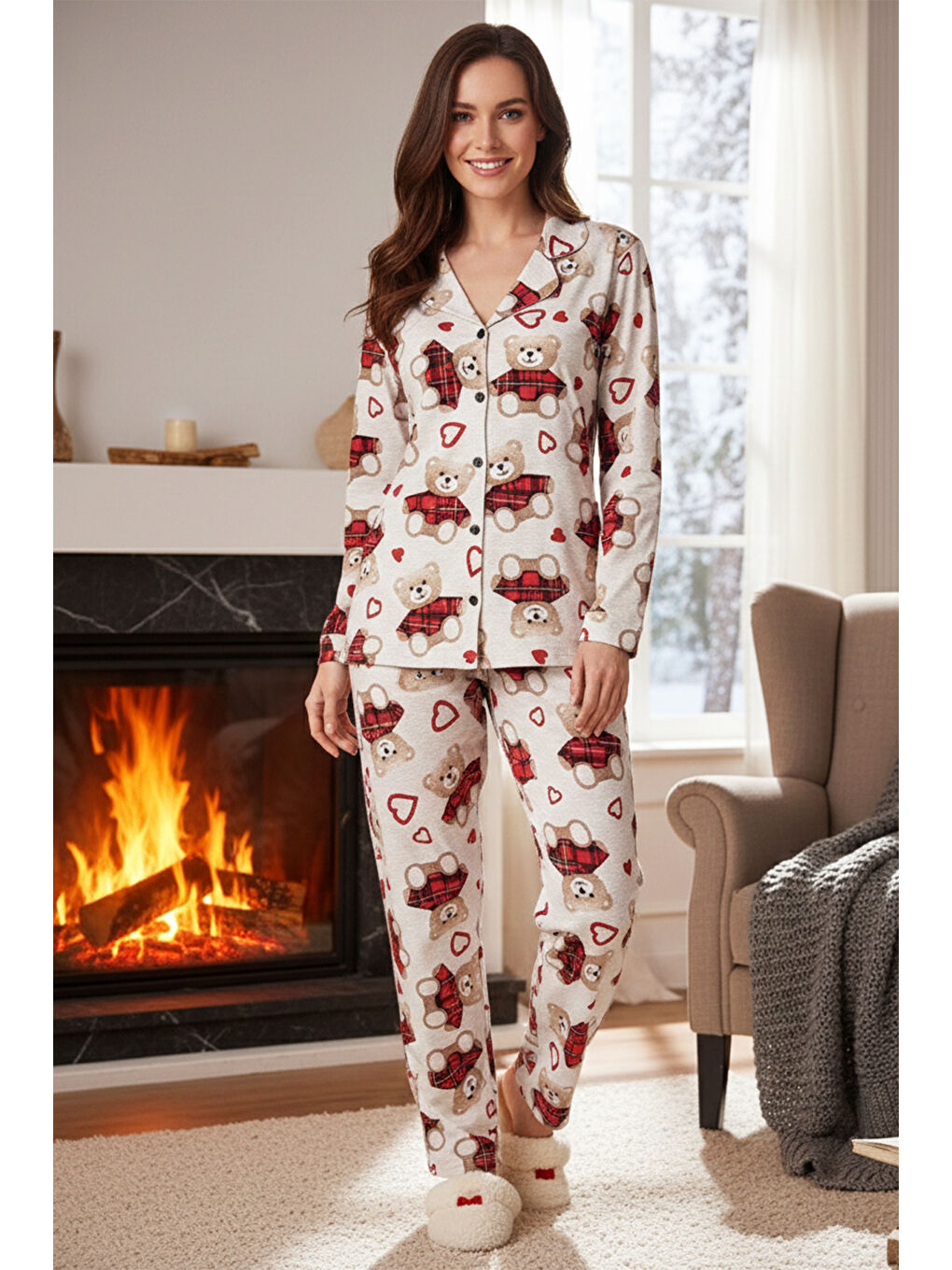 Bej Kadın Önü Düğmeli Suprem Pijama Takımı 0545 Vizon06