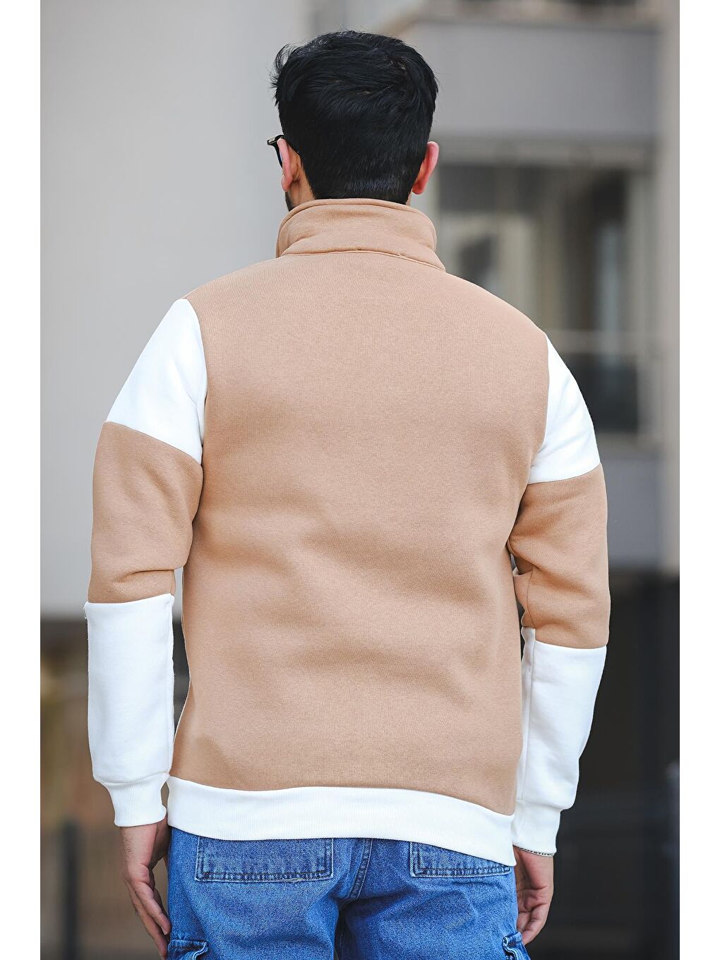 Kahverengi Üç İplik Şardonlu Parçalı  Dik Yaka Slim Fit Erkek Fermuarlı Sweatshirt-4
