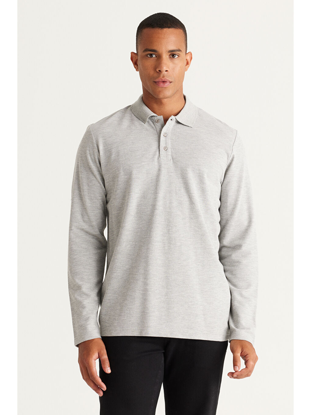 Erkek Gri Melanj Standart Fit Normal Kesim %100 Pamuk Polo Yaka Tişört