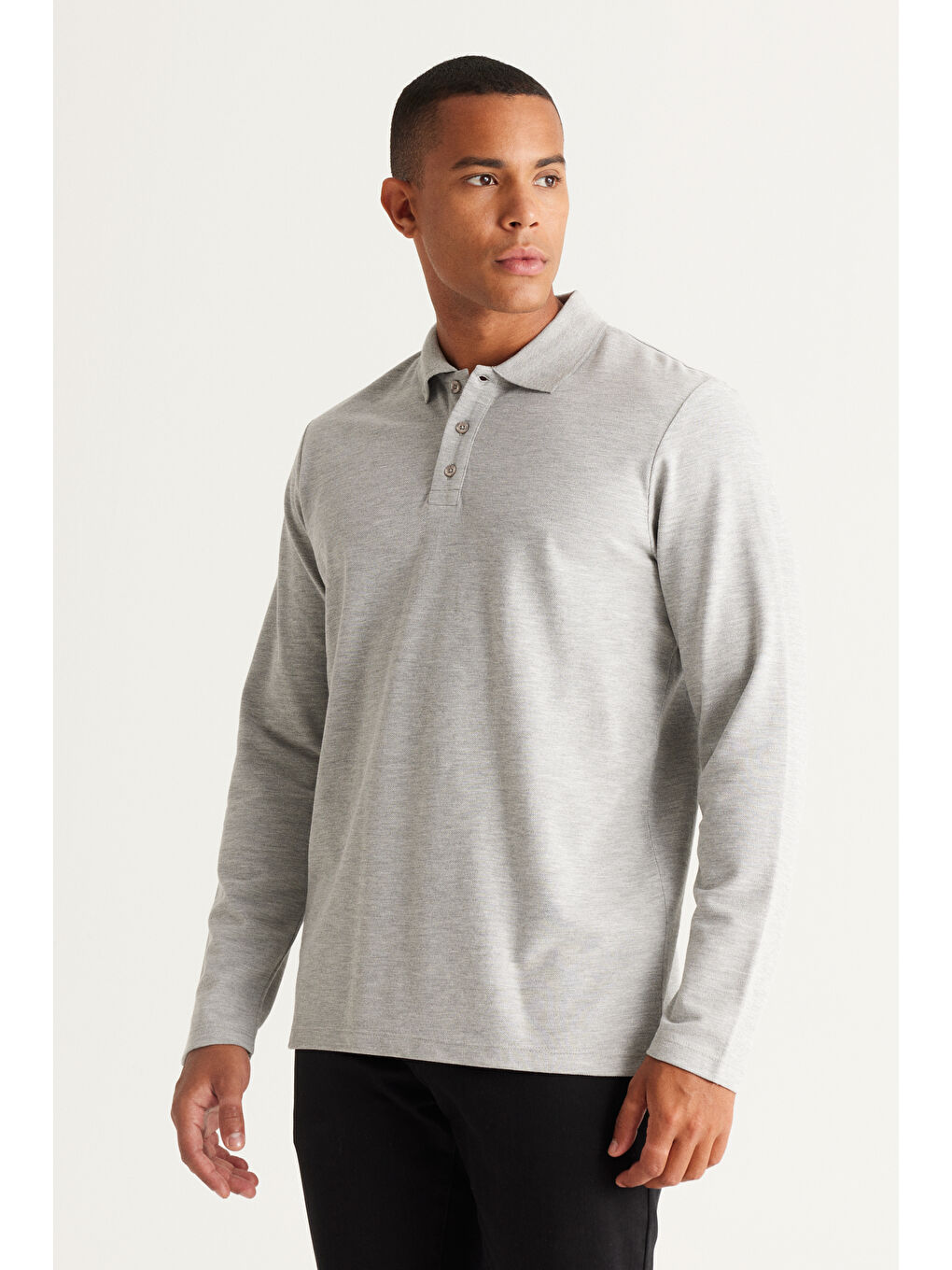 Erkek Gri Melanj Standart Fit Normal Kesim %100 Pamuk Polo Yaka Tişört-1
