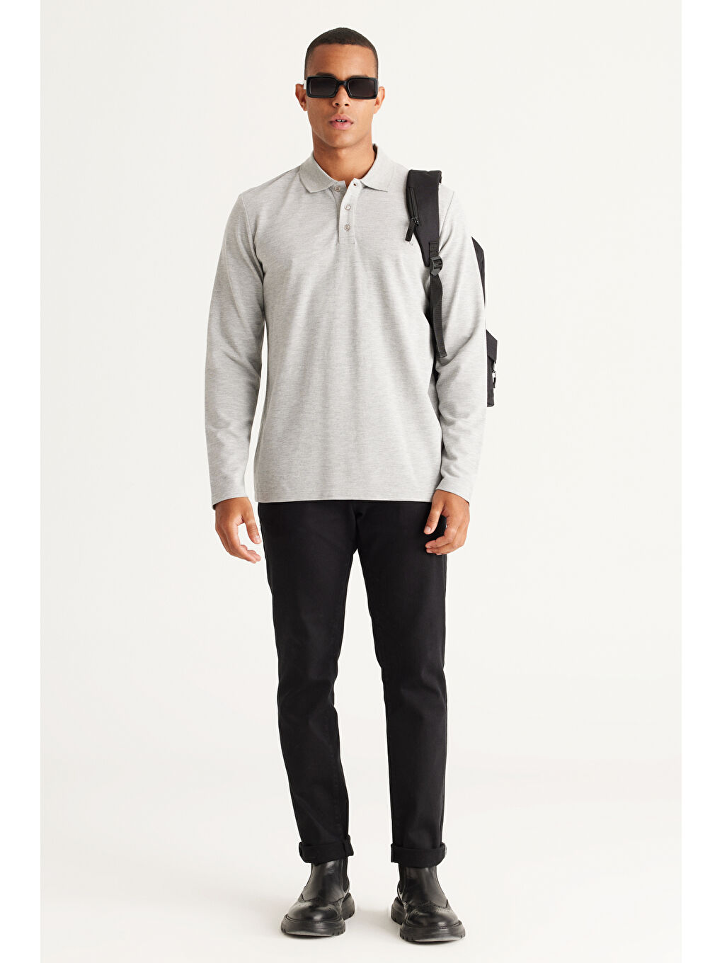 Erkek Gri Melanj Standart Fit Normal Kesim %100 Pamuk Polo Yaka Tişört-2