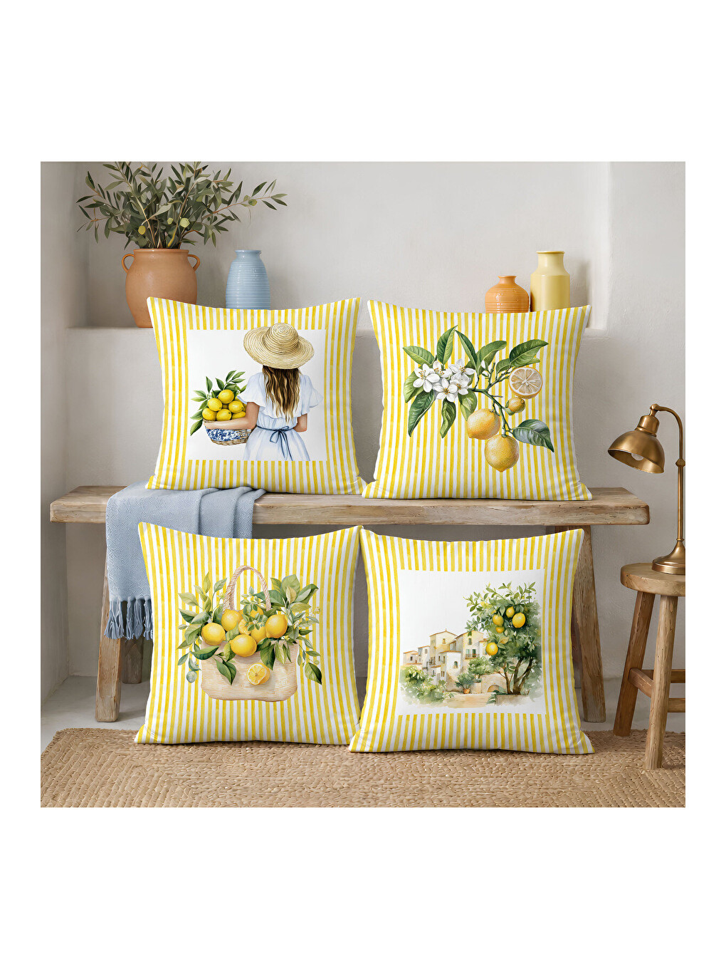 Karışık Sarı Çizgili Limon Çiçeği ve Figürlü 4'lü Süet Kırlent Kılıfı Seti 43x43 cm