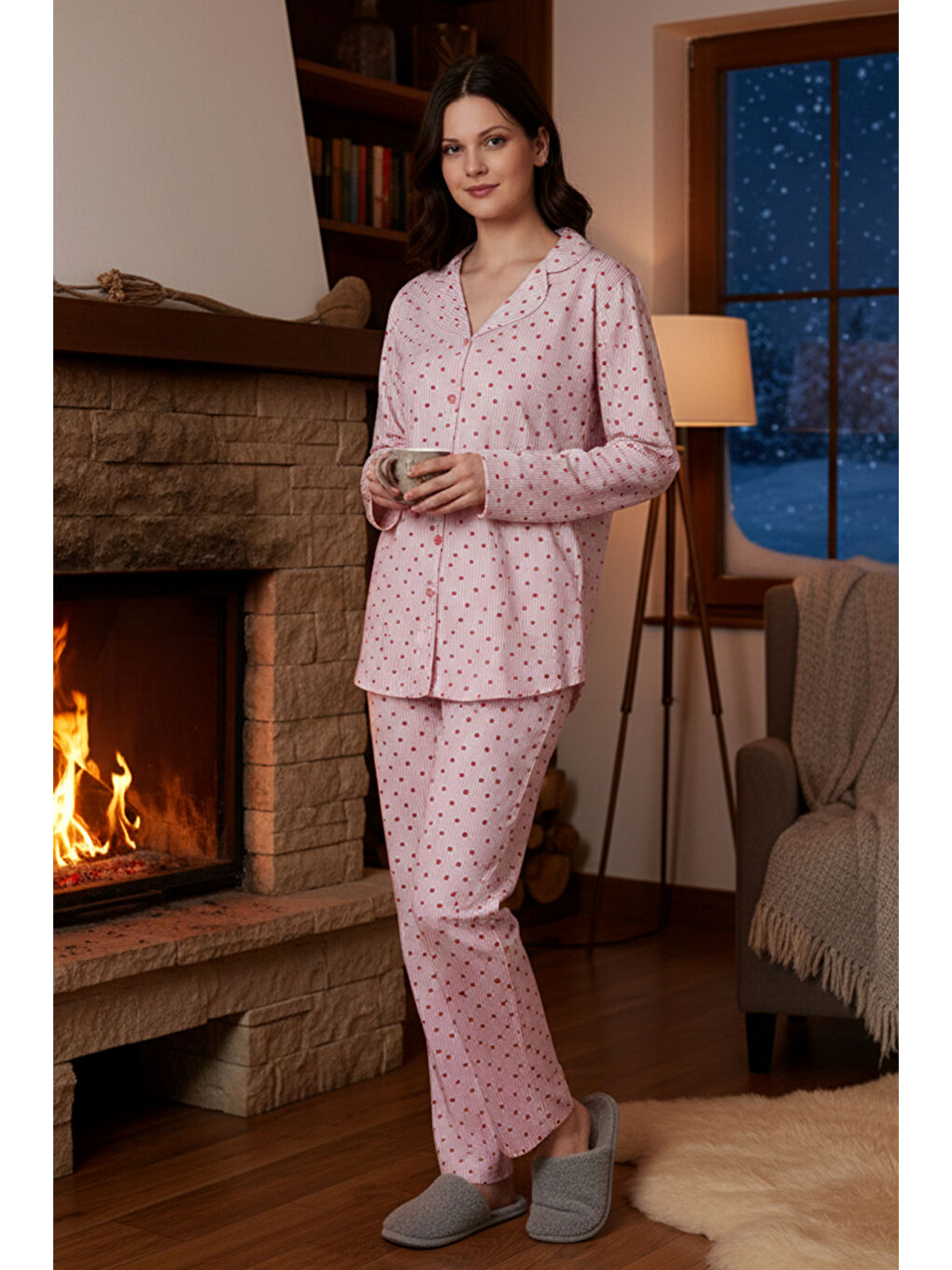 Kadın Kalp Desen Önü Düğmeli Suprem Pijama Takımı 0541 Pembe09-3