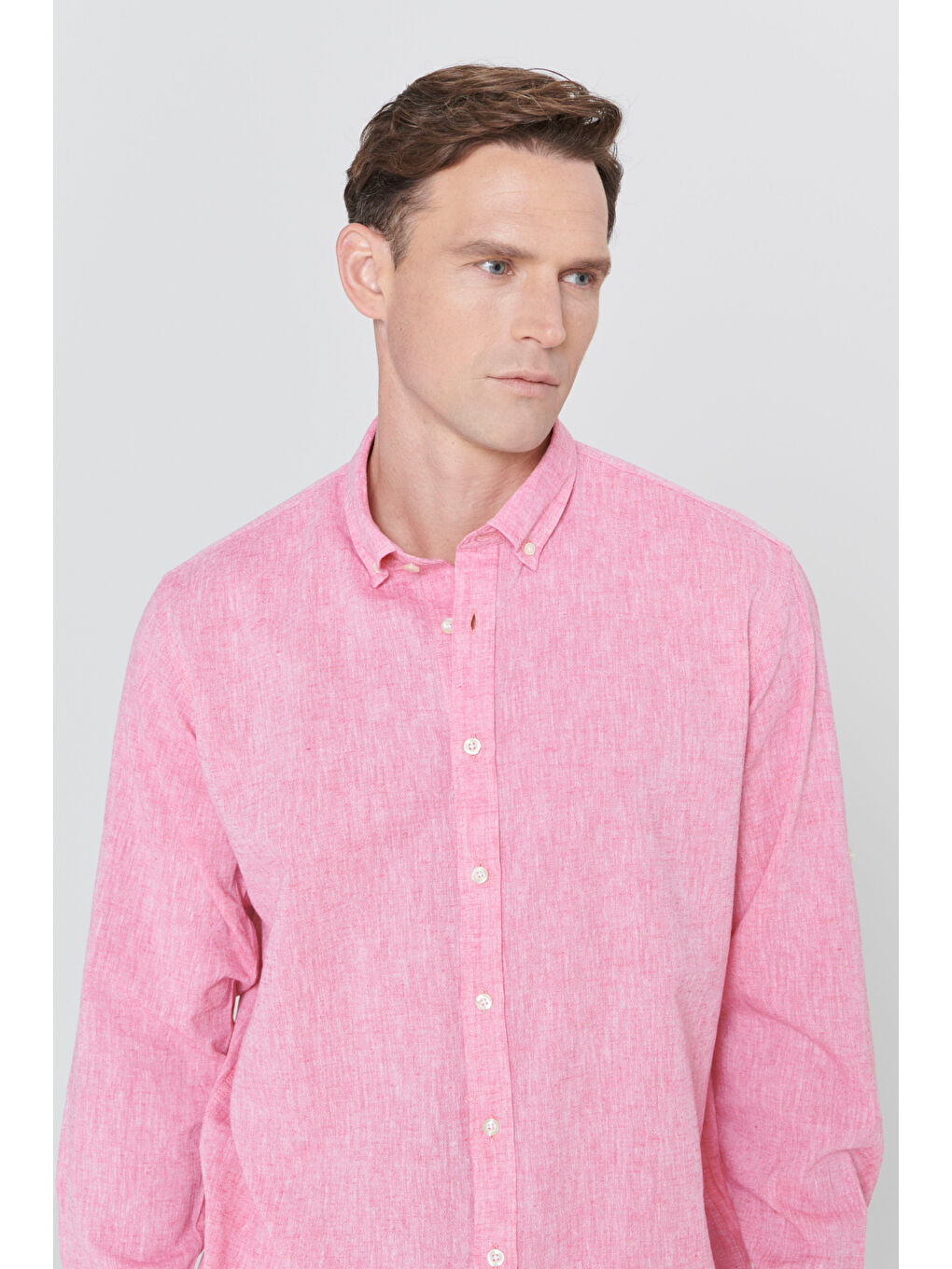 Erkek Fuşya Comfort Fit Rahat Kesim Düğmeli Yaka Casual Keten Gömlek-5