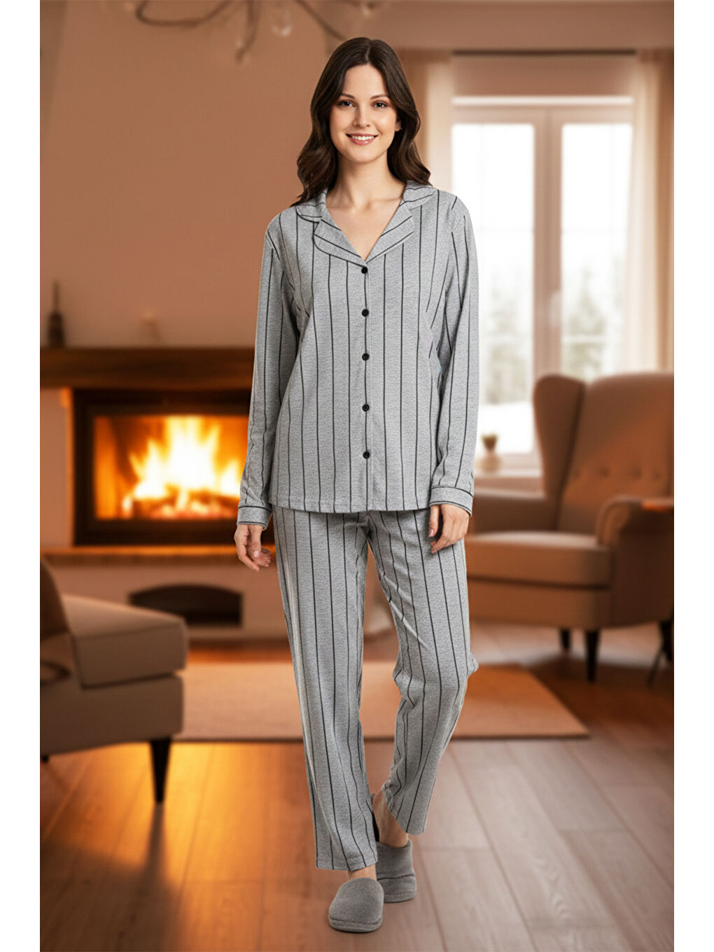 Gri Kadın Çizgili Önü Düğmeli Suprem Pijama Takımı 0542 Füme01-3