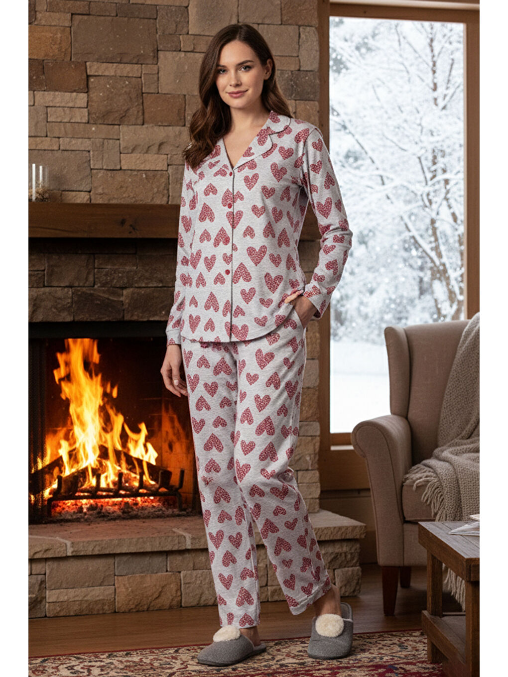 Kadın Kalp Desen Önü Düğmeli Suprem Pijama Takımı 0546 Gri09-2