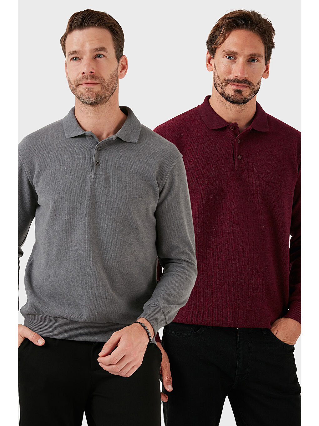 Gri Pamuk Karışımlı Regular Fit 2'li Paket Polo Yaka Büyük Beden Kazak 456223S2