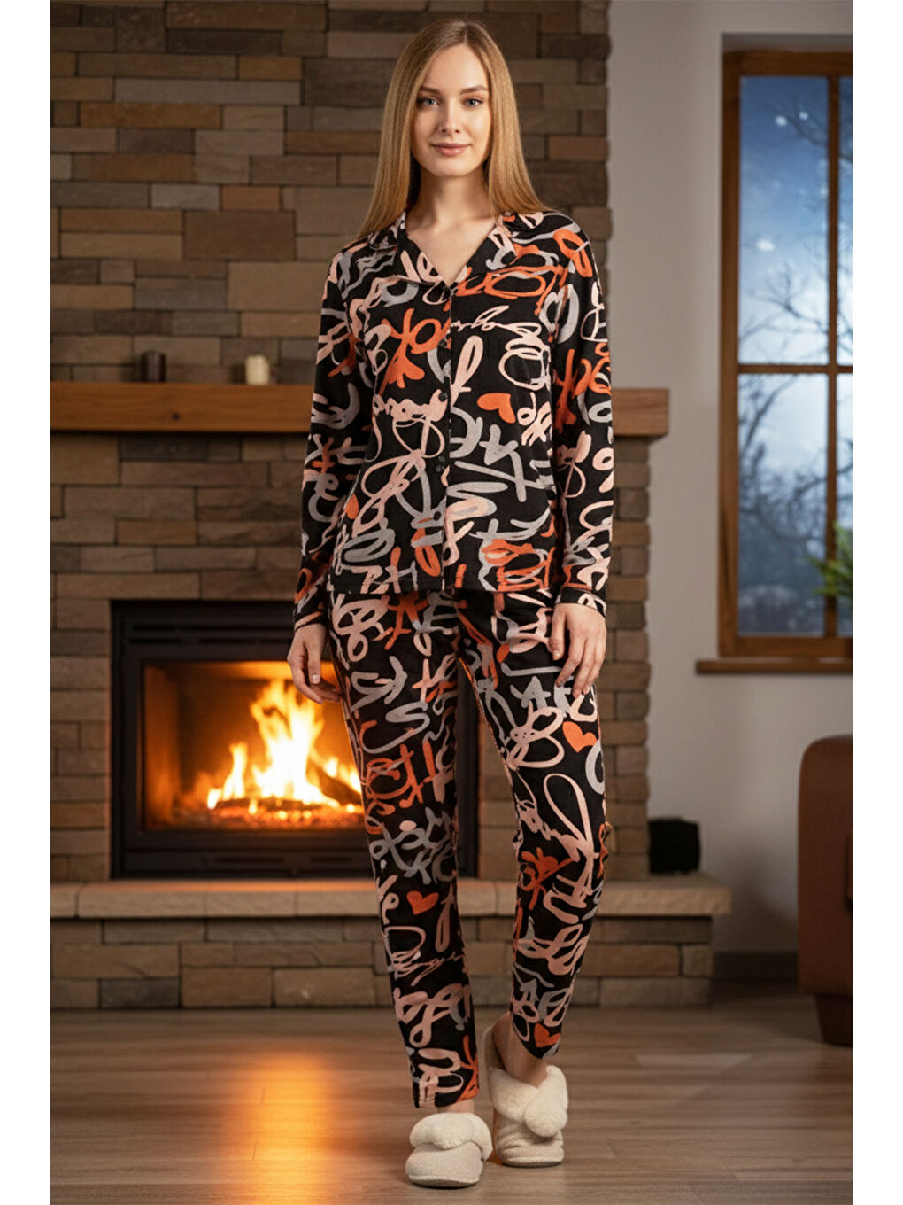 Kadın Desenli Önü Düğmeli Saphire Pijama Takımı 0543 Siyah11-3