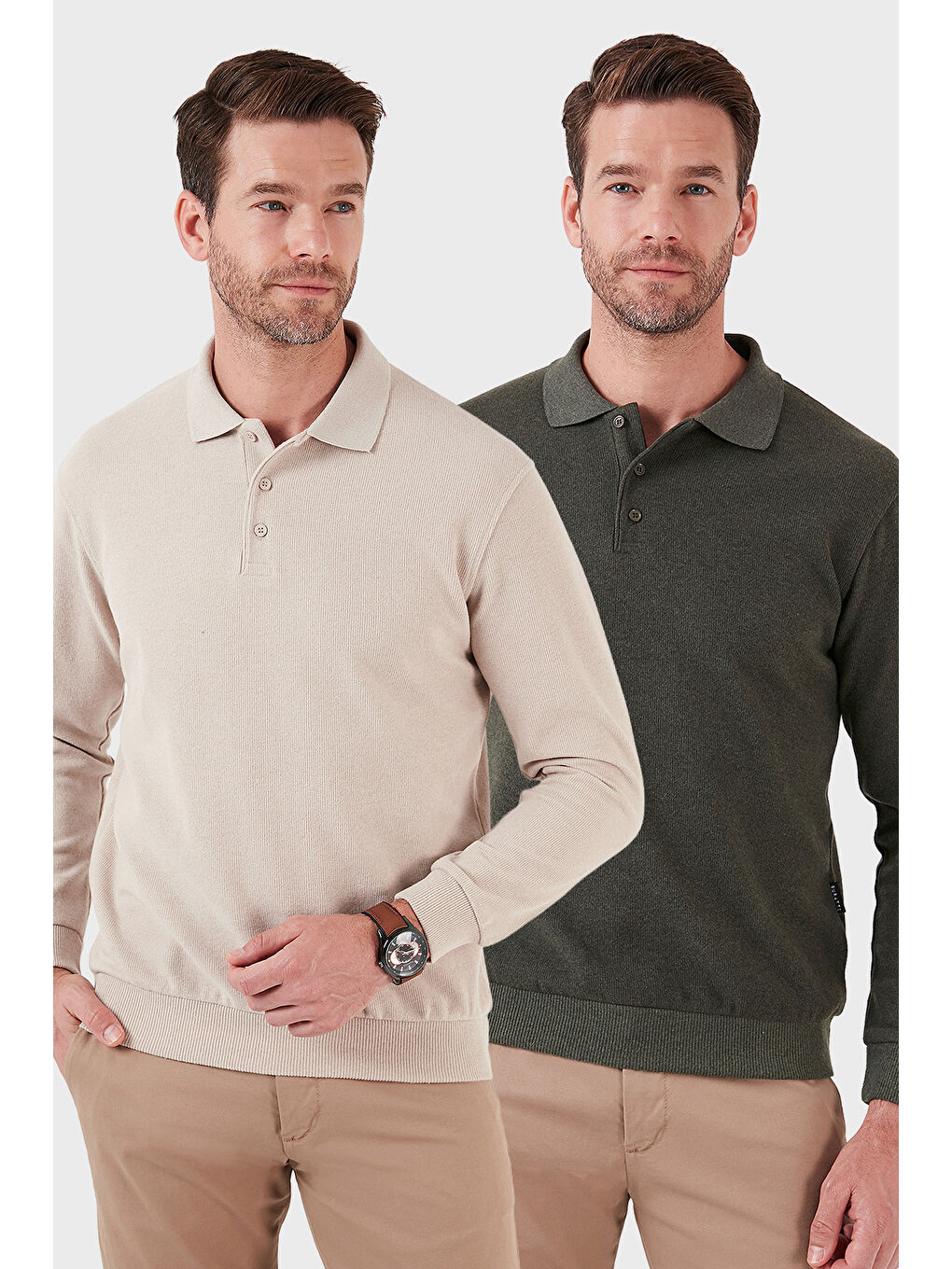 Bej Pamuk Karışımlı Regular Fit 2'li Paket Polo Yaka Kazak 456223S2
