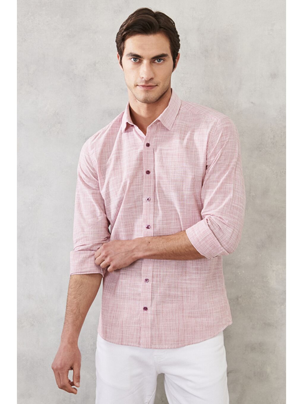 Erkek Bordo Slim Fit Dar Kesim %100 Pamuk Klasik Yaka Çizgili Gömlek