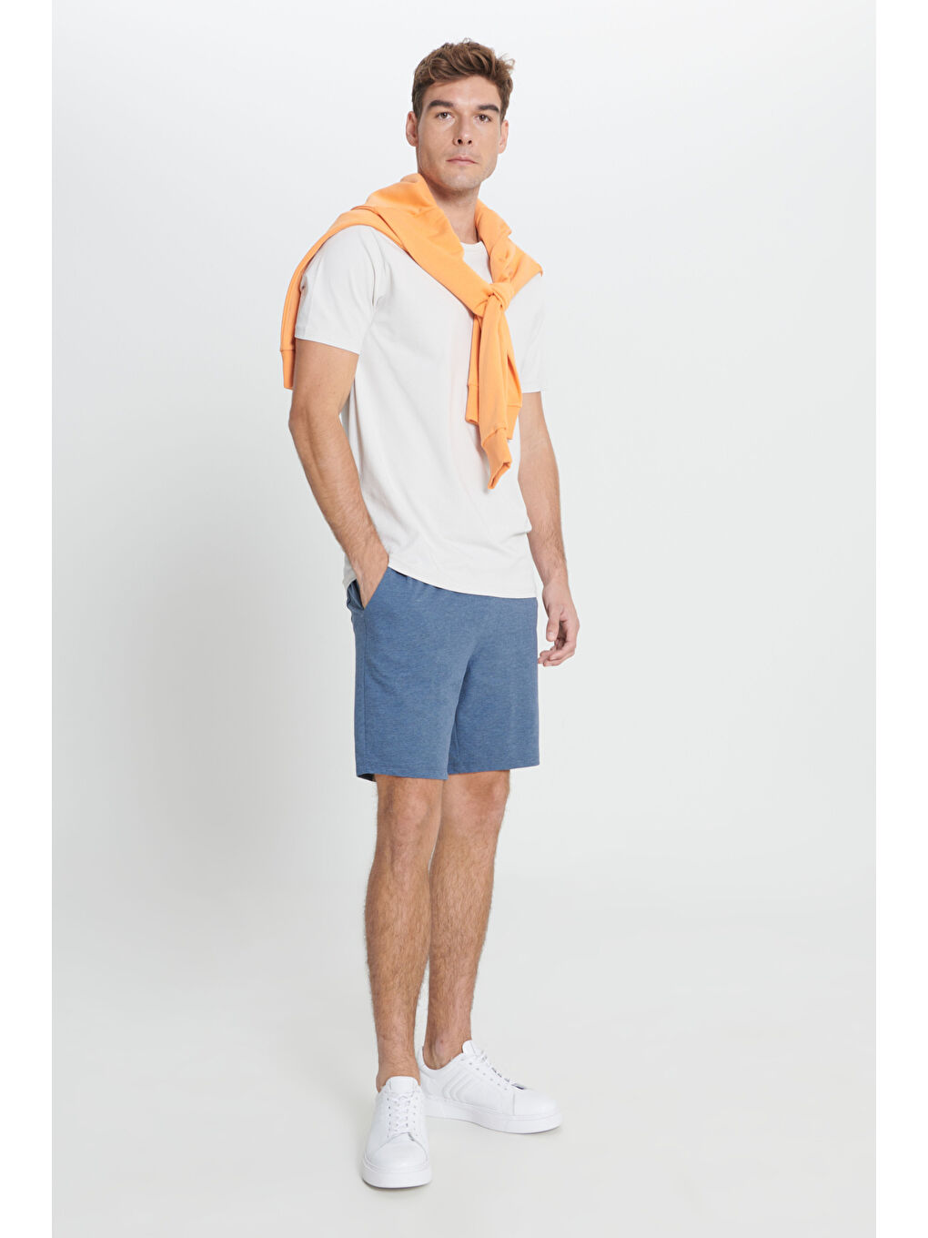 Erkek İndigo Melanj Standart Fit Normal Kesim Pamuklu Rahat Örme Şort-3