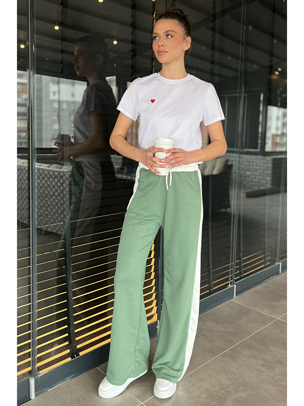 Yeşil Kadın Bel Lastikli Yüksek Bel Renk Garnili Palazzo Eşofman Altı