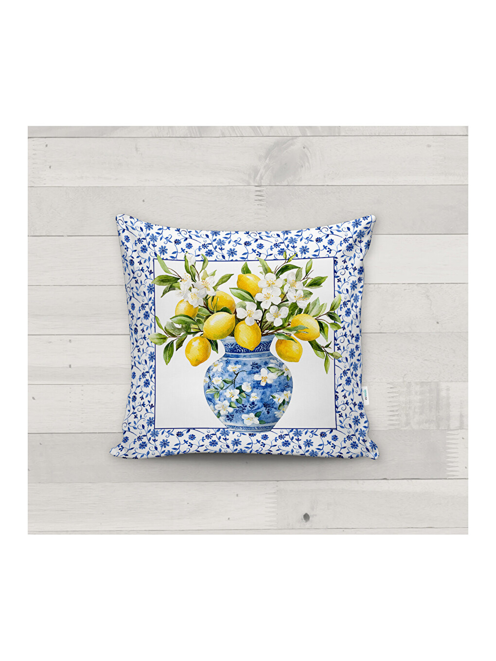 Karışık Sarı Çizgili Vazoda Limon Desenli 4'lü Süet Kırlent Kılıfı Seti 43x43 cm-1