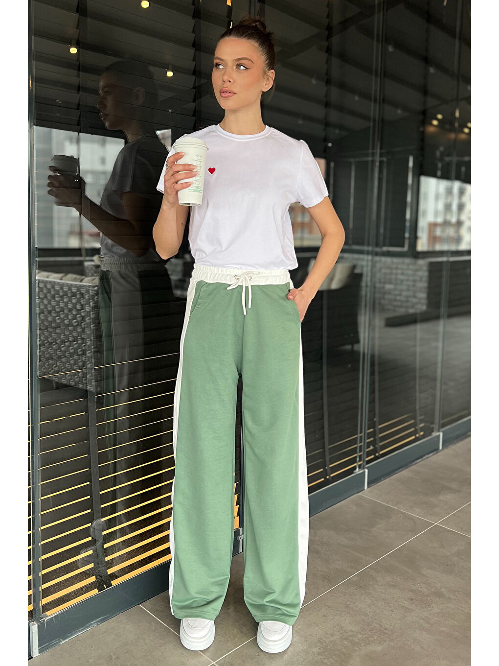 Yeşil Kadın Bel Lastikli Yüksek Bel Renk Garnili Palazzo Eşofman Altı-1