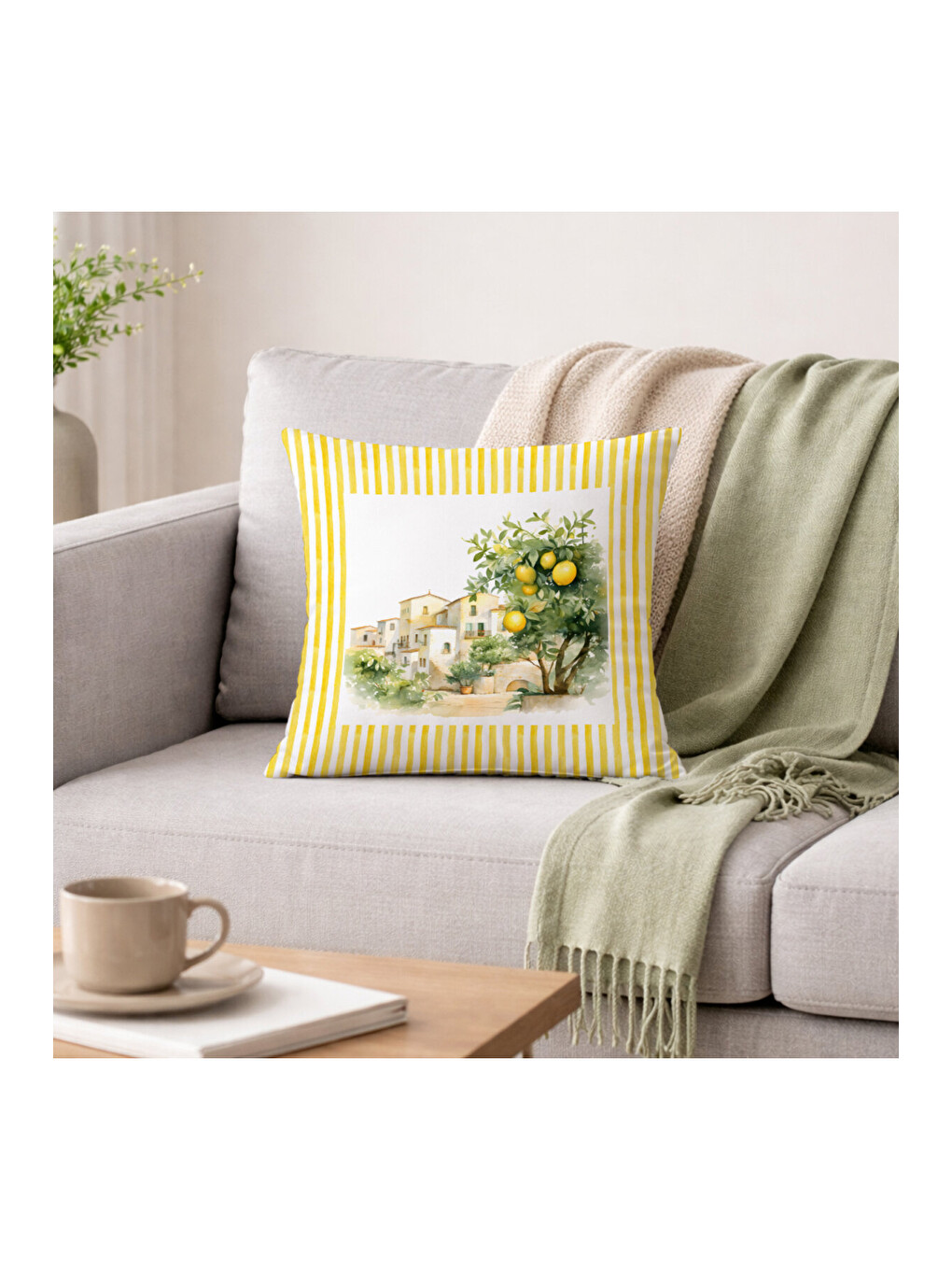 Karışık Sarı Çizgili Limon Çiçeği ve Figürlü 4'lü Süet Kırlent Kılıfı Seti 43x43 cm-3