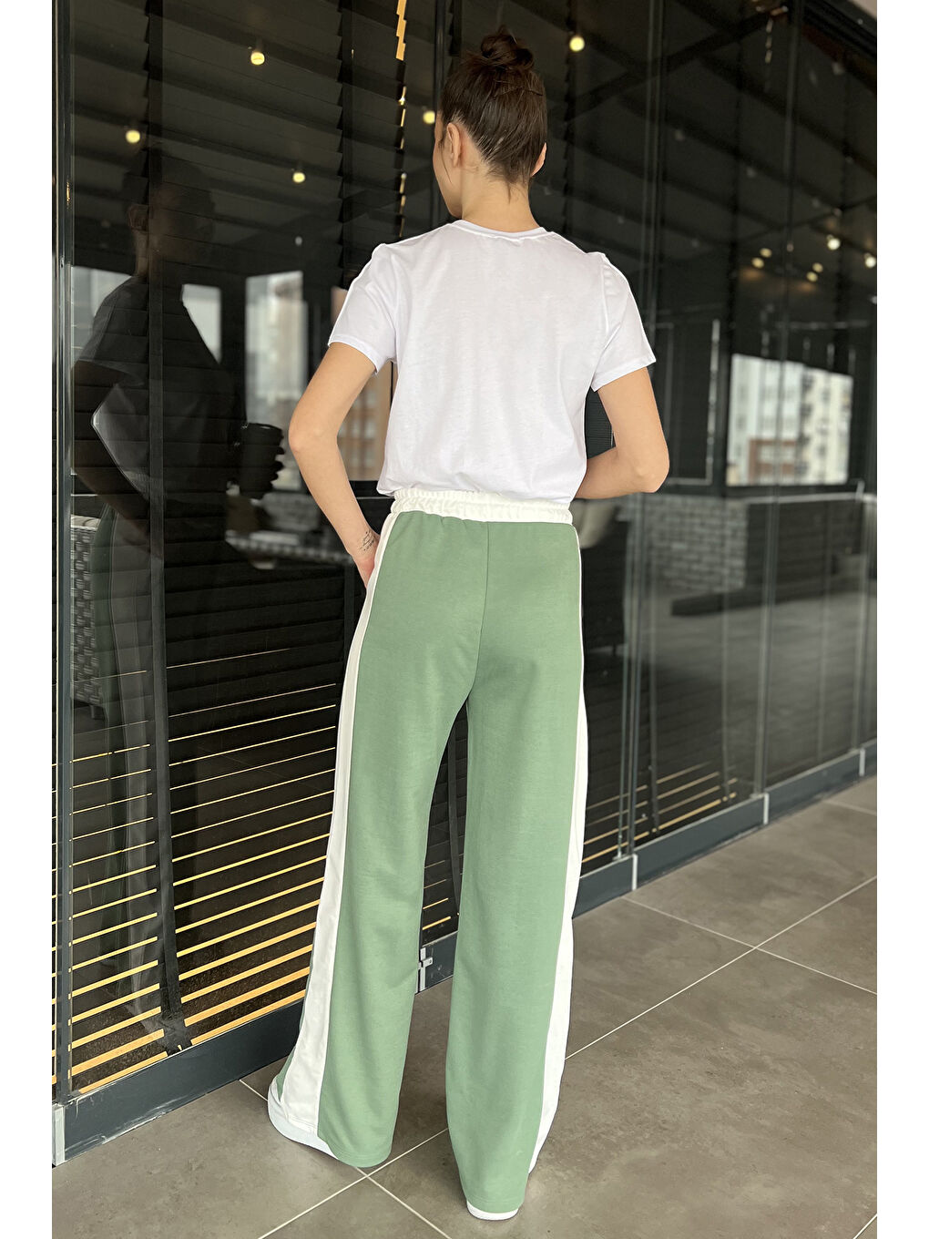 Yeşil Kadın Bel Lastikli Yüksek Bel Renk Garnili Palazzo Eşofman Altı-2